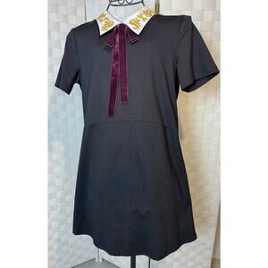 Zara School Girl Black Knee Length Short Dress with Collar Bow Librarian Size L